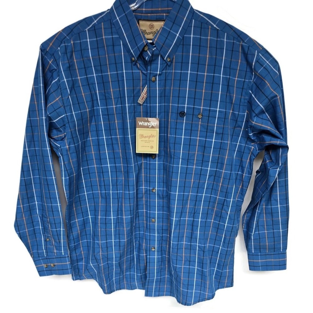 Wrangler Western Fashion Mens Shirt Easy Care Blue Orange Plaid XL MG2099M